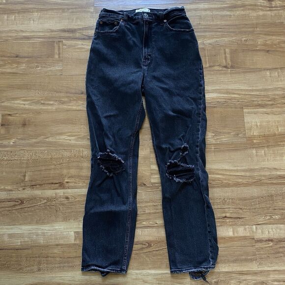Abercrombie & Fitch Denim - A&F 28 The Ankle Straight Ultra High Rise Black Distressed Curve Love Boho Jeans